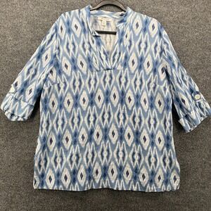 JM Collection Linen Shirt Size 14 Tunic Blue Aztec Popover Resort Coastal Beachy